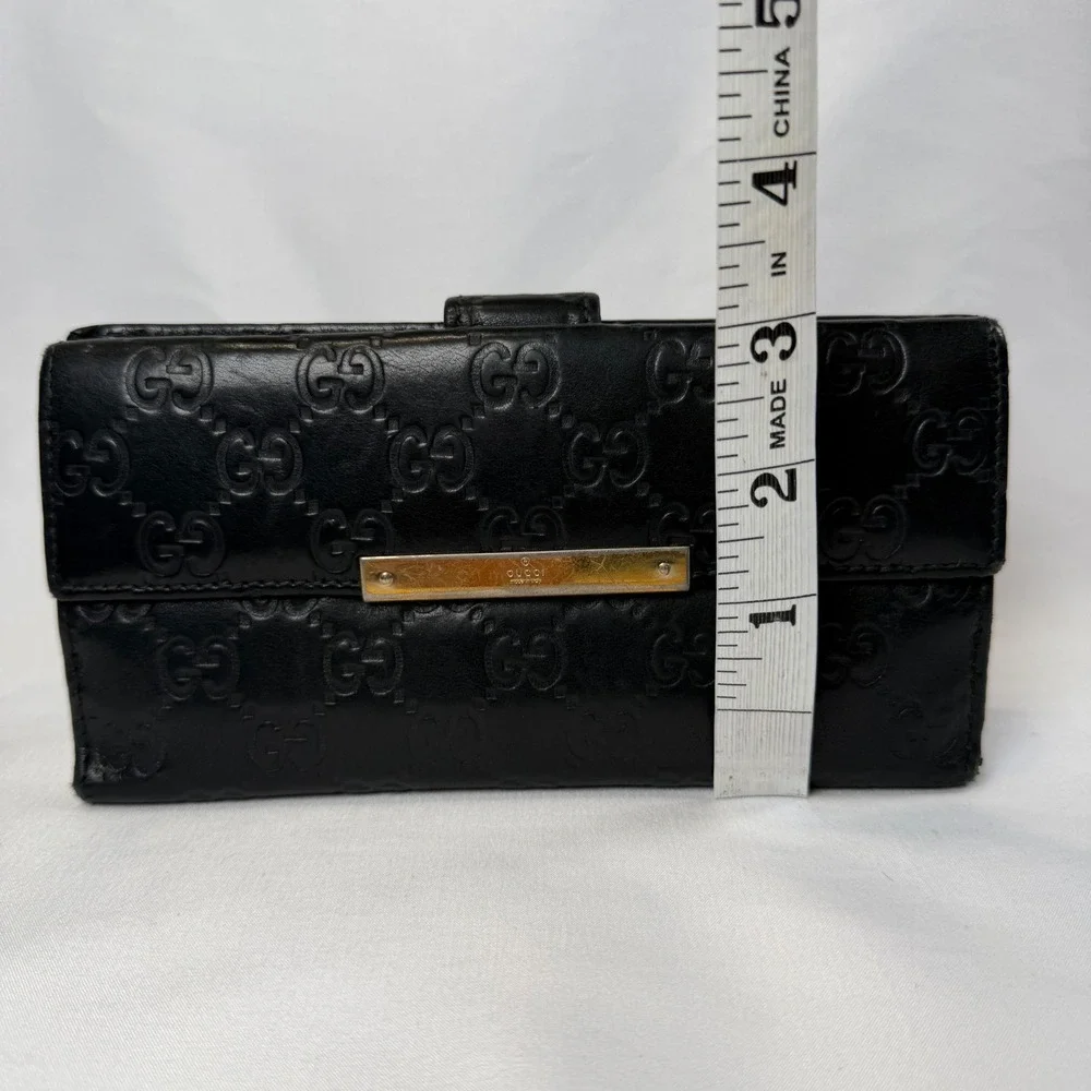 Gucci Guccissima Continental Wallet Womens OS Black Leather Bifold Gold Plate